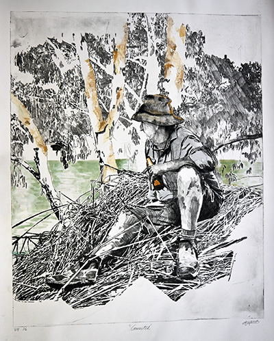 Artwork depicting a person sitting in an outdoor environment.