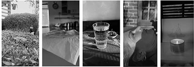 A collage that is made up of 5 black and white photos arranged horizontally, consisiting of close-up shot of garden bed, a tissue paper on kitchen bench, a glass of water, the right side of a person's face who is lying down and a burning candle.