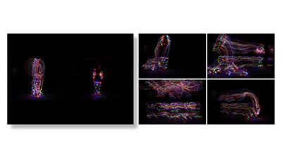 Five light performance photographs displayed on a white wall.