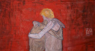 A painting of 2 human figures embracing on a red background.