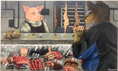 Painting of a butcher shop with animals being the owner and consumer while humans being the food.