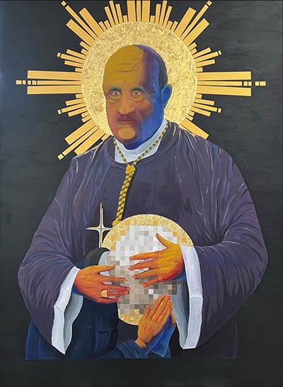 A painting of a man with abstract elements.