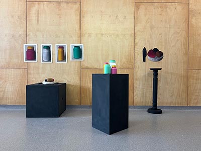 Installation includes prints on the wall and objects on the plinths.