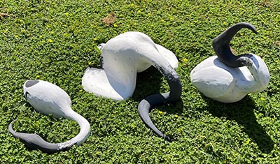 The sculpture is displayed on the grass in an outdoor environment.