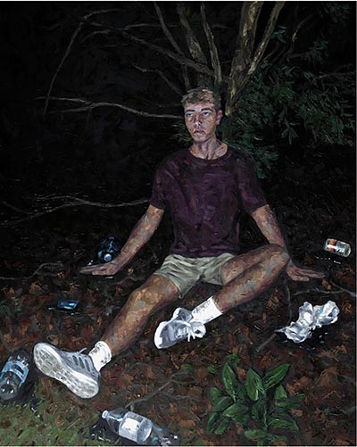 A painting of a person sitting in a dark outdoor environment surrounded by trash.