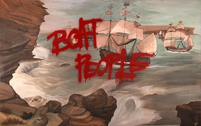 A painting with the red words 'Boat People' written at the centre of the canvas.