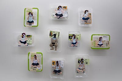 10 empty case-ready meat packaging containers featuring the artist's paintings on them.