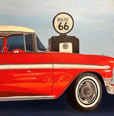 A painting featuring the front right side of a red vintage car, with a 'Route 66' sign next to it.