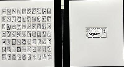 A motif featuring postal stamps is positioned on the left, and an illustration of an envelope is situated on the right, both set against a white background and created using printmaking techniques.