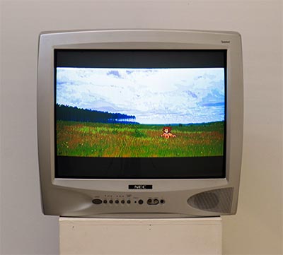 An illustration of a field under blue sky displayed on an old-fashioned CRT TV.