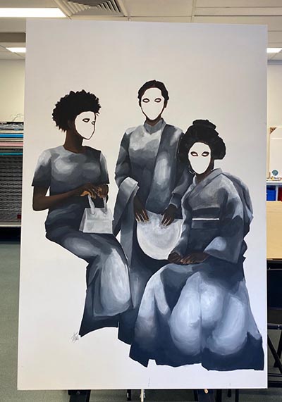 Painting presents 3 individuals against a white background.