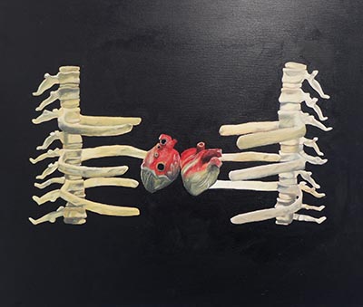 Painting of 2 hearts in between 2 skeletal figures of parts of spinal cords.