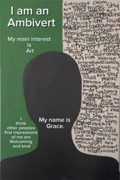 In the centre of the image is the silhouette of a portrait, accompanied by the text 'My name is Grace'. Elsewhere in the image, additional text states 'I am an Ambivert. My main interest is Art. I think other people's first impressions of me are Welcoming and kind.'