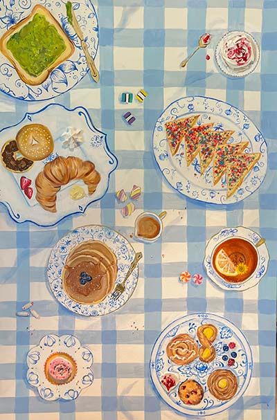 Painting of food on a table covered with a tablecloth.