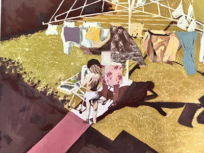 Painting of two people and clothes hanging on a rotary clothesline in an outdoor setting.