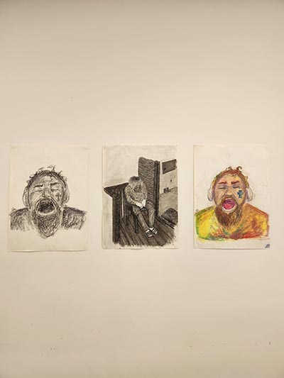 Three hand-drawn images displayed side by side; the first two are black and white, and the third is in colour.