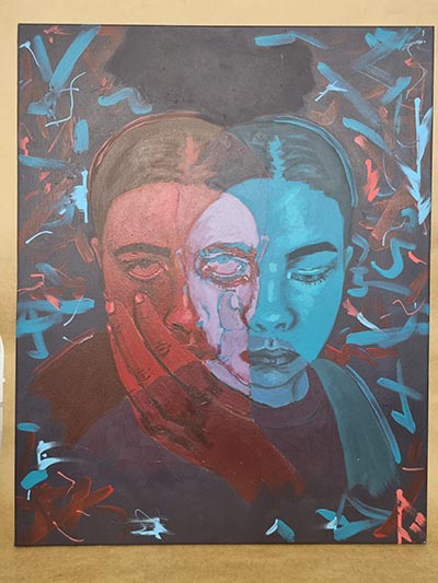 Painting of a person featuring abstract elements.