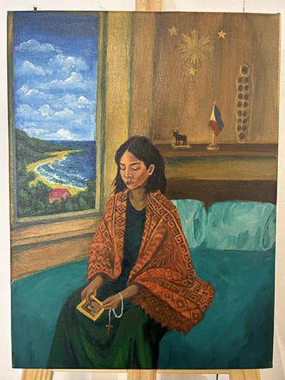 Painting depicting a person seated on a bed.