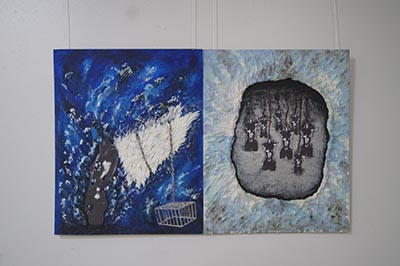 Two abstract images displayed side by side on a wall