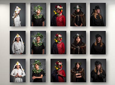 Fifteen images displayed in 5 columns, each featuring a different headpiece. Within each column, the headpiece is shown with varied expressions of the wearer.