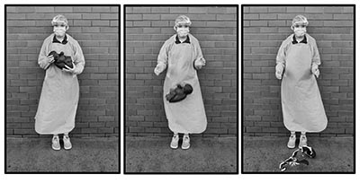 Three sequential images capturing the motion of a person dropping a clay baby.