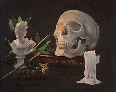 Painting featuring a Greek statue, a skull on two books, and a candle