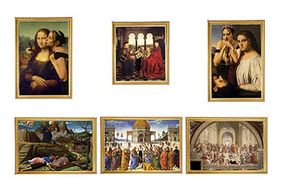 Six images of paintings, each incorporating the artist's image within the artwork.