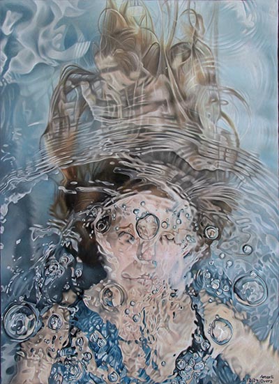 An artist's self-portrait based on a photograph of themselves underwater in a bath, facing upwards.