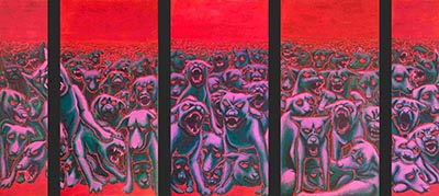 A painting of dogs behind a cage, with various expressions such as anger and sadness. The dogs have red-painted eyes, red outlines, and the painting features a red background.