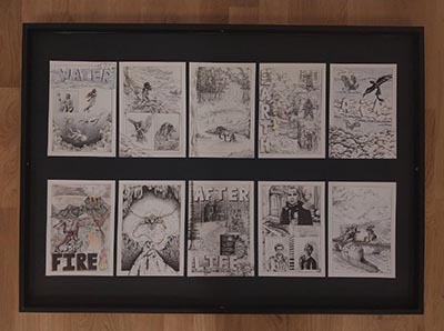 Ten drawings arranged in two rows within a wooden frame.