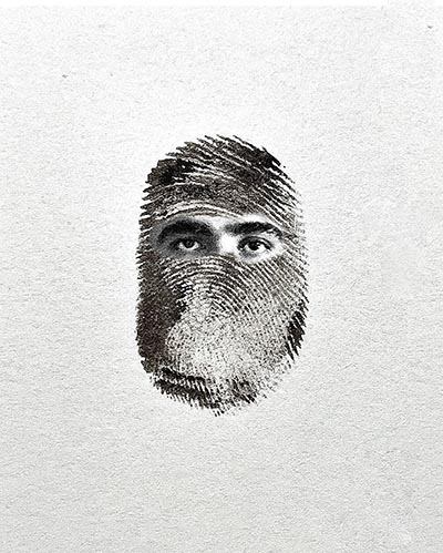 An artwork featuring a fingerprint combined with a photographic montage of a person's eyes.