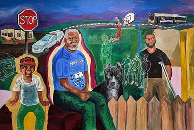 A painting featuring the artist, their father and grandfather, with friends depicted as white-outlined figures and symbolic elements illustrating the artist's personal journey.