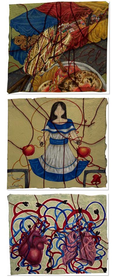 Three paintings displayed vertically, each overlaid with red strings that weave across their surfaces.