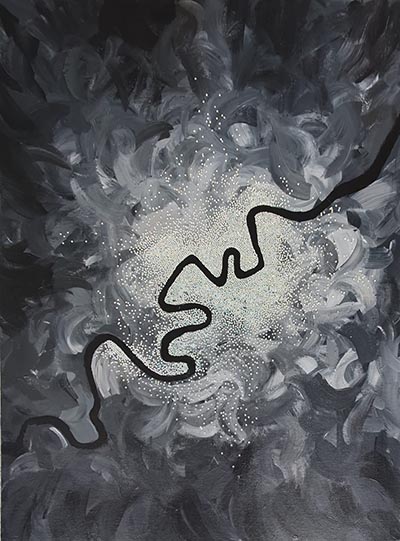 A grayscale abstract painting.