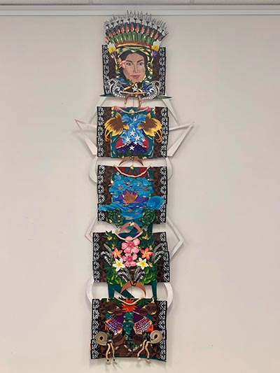 A colourful 5-piece wall hanging filled with traditional and modern pacific symbols.