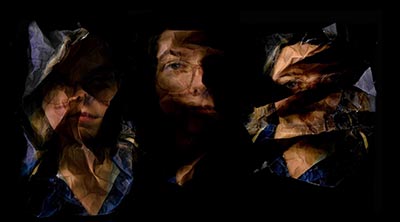 A three-panel image showcasing the artist's face, uniquely distorted in a different way within each panel.