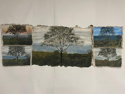 A series of 5 identical landscape paintings featuring a large tree at the centre, each rendered with a different colour variation.