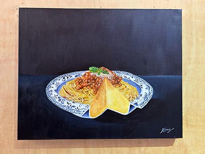 A painting of a bowl of spaghetti with a segment of both the bowl and spaghetti removed,