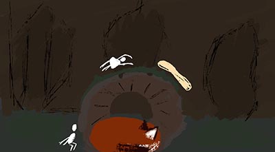 An abstract painting depicting a dark night in the forest, featuring mysterious creatures.