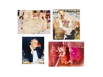 A painting featuring four photographic images.