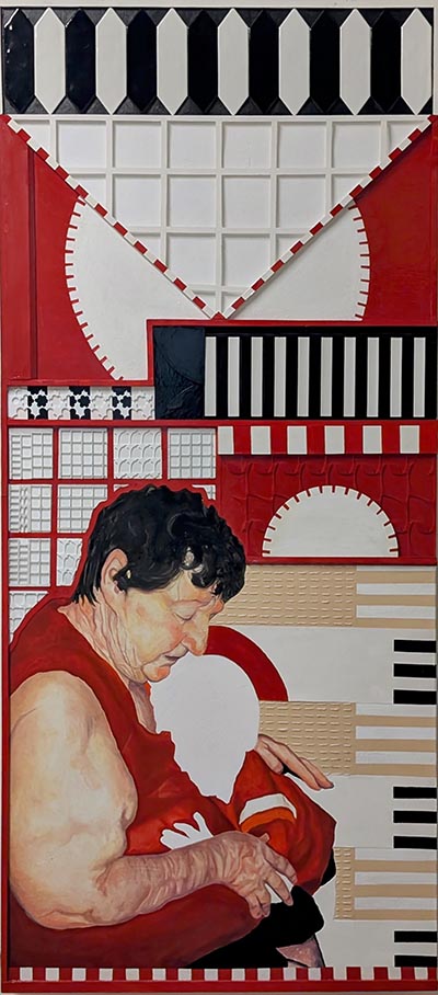 A painting depicting a woman set against a background composed of geometric elements.