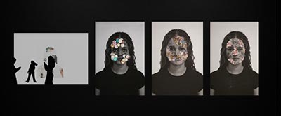 A video plays on the left, while 3 photographic portraits of the artist on the right display different prints  partially covering the artist's face.