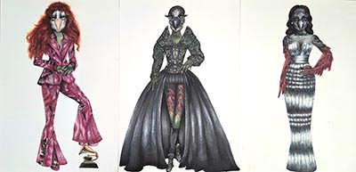 A triptych of coloured drawings, each depicting a character in a unique costume.