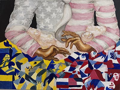 A painting depicting the partial human body from the chest to the waist, dressed in a long-sleeve shirt featuring an American flag pattern, with the area below the waist obscured by abstract elements.