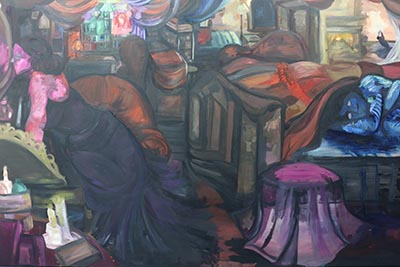 A human figure painted blue, including their skin and clothes, is curled up under a blanket on a bed in a cluttered environment. Another human figure, with only their skin painted pink, is looking into a mirror