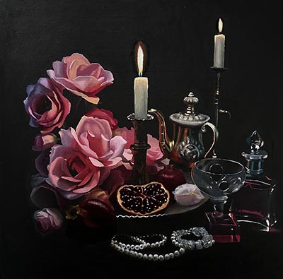 A still life painting featuring a pink bouquet of flowers beside two candles in silver holders, a silver teapot, a glass goblet, pomegranates, a decanter, and jewellery.