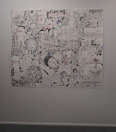 A large canvas featuring sketches or drawings of various elements, including people, buildings, creatures, food, and natural elements like trees.