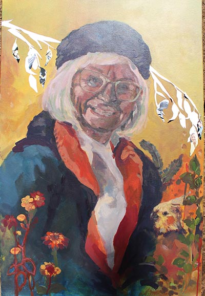 A painting of a woman with floral elements and a parrot, set against a background featuring a single white tree branch with white leaves, some of which display photographs of people.