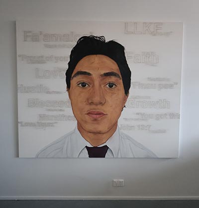 A drawing of a bust portrait on a white background, featuring outlined fonts with affirmations like 'Love,' 'Faith,' 'Growth,' and 'Blessed' clearly visible. Smaller outlined fonts appear smudged and unclear, fading into the background.