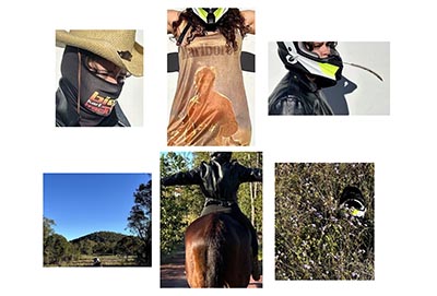 Six photographs arranged in two rows. The first row features: a close-up of a person's head in a straw hat and balaclava, a close-up of a person wearing a dress with 'Marlboro' text (neck to waist), and a close-up of a person in a helmet and leather jacket. The second row includes: a nature scene with a person on horseback in the background, a close-up of a person on a horse with arms outstretched (back view), and a person in a helmet partially hidden behind bushes.